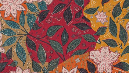 Contemporary abstract art featuring an elegant floral design with detailed foliage and geometric arabesque elements on a vivid backdrop.