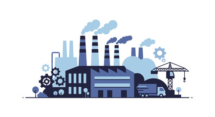 Obraz premium Industrial factory illustration with smokestacks gears crane and truck Manufacturing and logistics