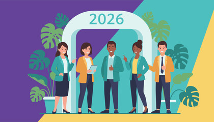 Diverse business team celebrating success under the 2026 archway Future goals and teamwork concept