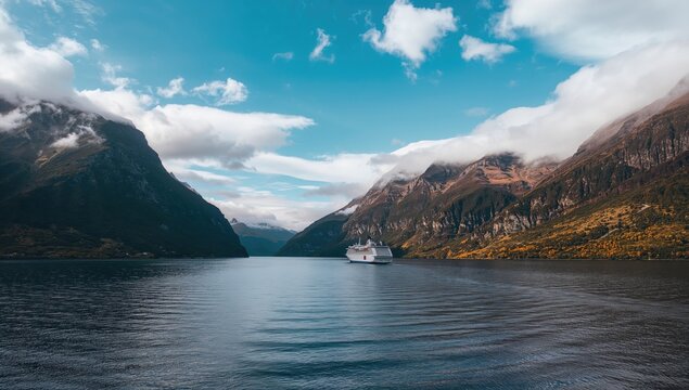 Trail left by a vessel through stunning fjord waters during autumn, surrounded by mountains and clear sky