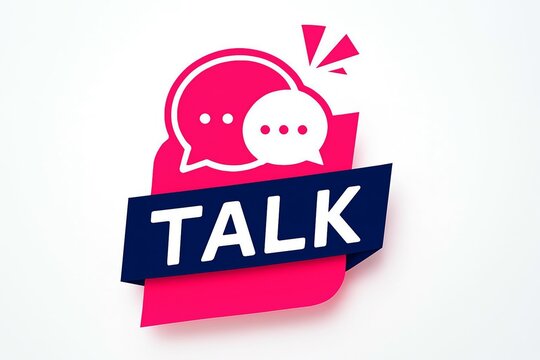 Vibrant pink speech bubble icon with the word talk on a blue banner symbolizing communication and conversation