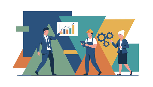 Diverse team analyzes business data industry efficiency and strategy planning