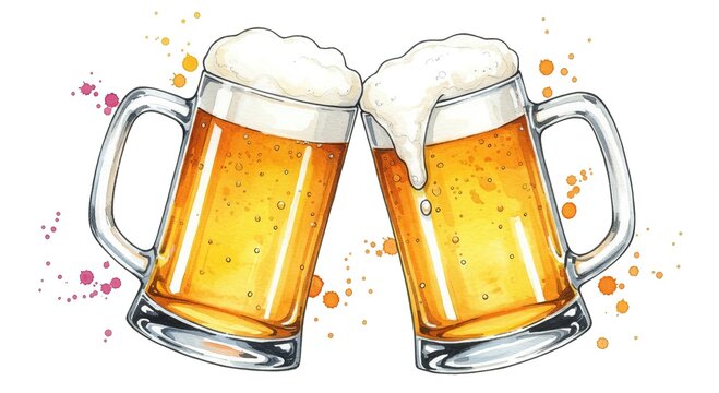 Joyful watercolor illustration featuring two frothy mugs of golden beer clinking in a cheerful toast, symbolizing celebration, friendship, and good times with a vibrant splash effect