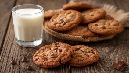 Freshly baked chocolate chip cookies accompanied by a glass of milk on a rustic wooden table, seasonal indulgence