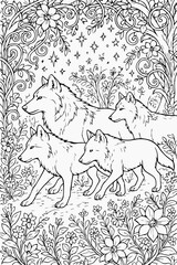 Captivating detailed line art illustration depicting a majestic wolf family navigating an enchanted forest, surrounded by intricate floral patterns and sparkling celestial elements