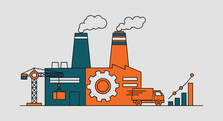 Industrial production and logistics illustration with factory gear crane truck and economic growth chart