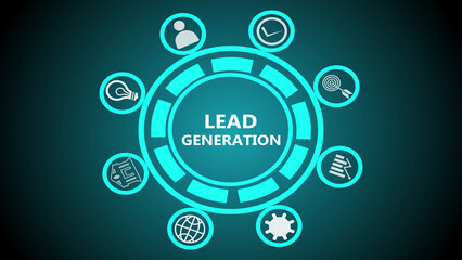 Lead generation concept with icons representing various strategies and digital marketing tools shown in blue