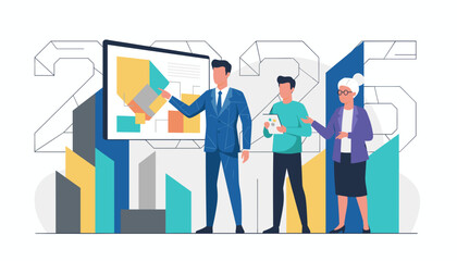 Business team analyzing 2025 financial forecasts and market data on a large screen