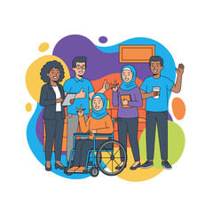 Diverse team smiling including disabled woman showing inclusion unity and professional accessibility