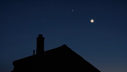 Nighttime silhouette of a rooftop featuring a chimney and a glowing attic window beneath a starry sky with the moon