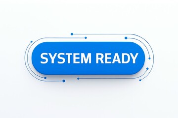 Digital interface displays the words system ready in bright blue on a white background with futuristic glowing lines and dots
