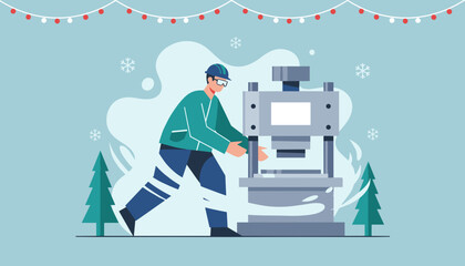 Industrial worker operating heavy machinery during winter holiday season Manufacturing concept