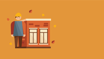 Construction worker next to brick building Autumn renovation or real estate flat vector illustration