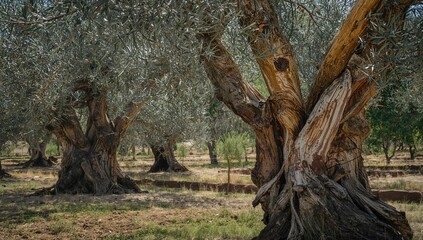 Obraz premium Ancient twisted olive tree grove, agricultural landscape, highlighting preservation