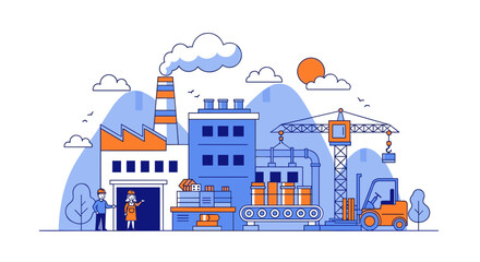Industrial manufacturing process illustration workers factory buildings crane and conveyor belt © Vector Market