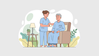 Nurse provides compassionate care for senior patient Home healthcare and aging support concept illustration