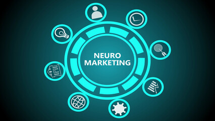 A glowing circle with neuro marketing text and icons around it on a dark teal background design art