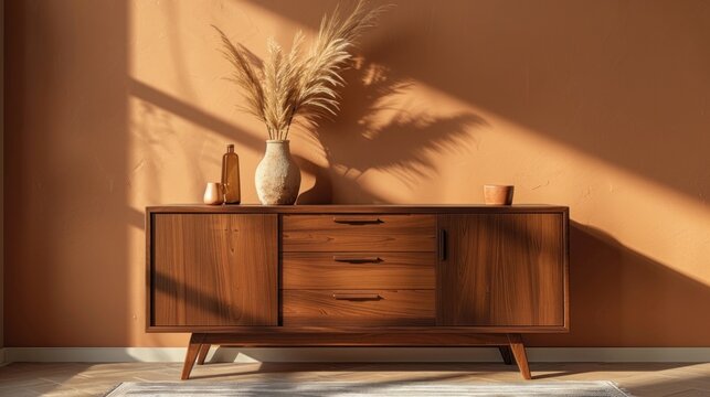 Mid-century modern wooden sideboard with pampas grass and sunlight shadows on warm terracotta wall, interior decor.