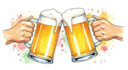 Two people clinking glasses filled with frothy beer in a celebratory toast, rendered in a colorful watercolor style with abstract splashes of paint