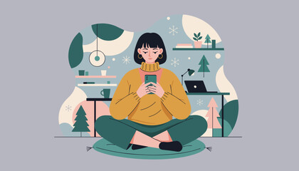Woman uses phone while sitting on floor cushion in a cozy winter home office Digital lifestyle illustration