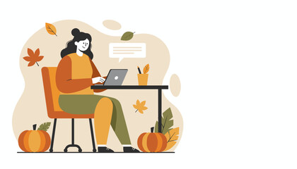 Cozy autumn work setup Woman using a laptop in a fallthemed home office Remote work illustration