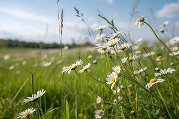 White flowers with yellow centers bloom vibrantly in a sunlit field, their petals unfurling gently under the warm light.