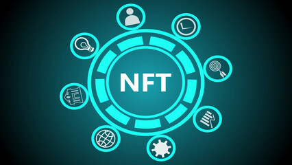A glowing nft symbol surrounded by icons representing various aspects of the digital transaction world