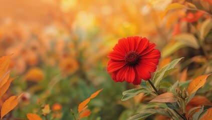 Vibrant red flowers against a backdrop of orange and yellow leaves, seasonal change