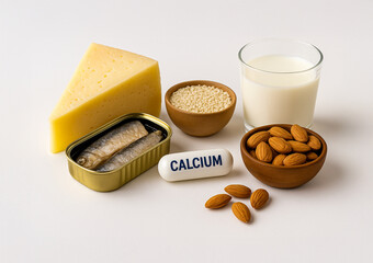Calcium-rich foods on white background. Cheese, milk, sardines, sesame seeds, and almonds — natural sources of calcium for strong bones and healthy nutrition.
