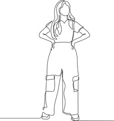 Confident Woman Standing with Hands on Waist Wearing Cargo Pants in Continuous Line Art Minimalist Fashion Illustration