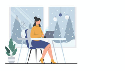 Woman working remotely on a tablet in a cozy home office during winter snowfall