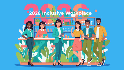 Diverse team smiling in a modern office breakroom symbolizing a 2026 inclusive workplace culture