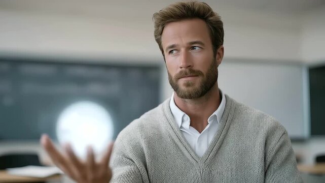 male teacher explaining physics concept using holographic model in futuristic classroom muted hum immersive learning cinematic color correction, gentle backlight, clean negative space, high quality