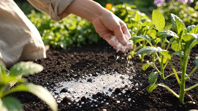 Fine powder, crushed eggshells are shown being used as a garden supplement.