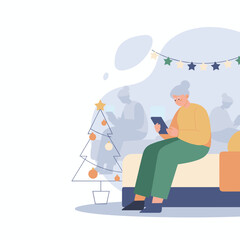 Lonely senior woman uses a tablet near a Christmas tree representing social isolation and technology use