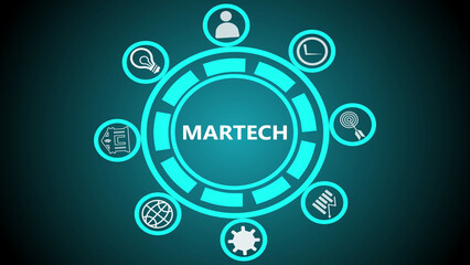 Martech graphic with icons representing marketing technology in a circular arrangement on dark background