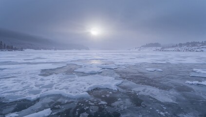 Fototapeta premium Picture of Icy Lake Surface Covered with Snow