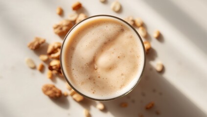 Overhead shot of a plant-based milk alternative crafted from nuts and grains