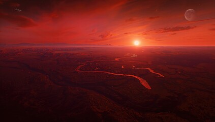 Aerial perspective of an extraordinary Earth landscape featuring a crimson river, showcasing unique geological formations