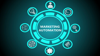 A glowing marketing automation graphic with icons representing different aspects of the process shown around