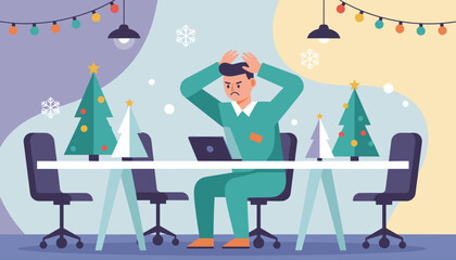 Overworked businessman stressed in a festive office Holiday work pressure concept