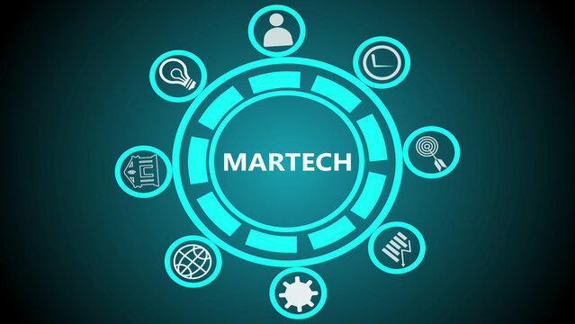 Martech graphic with icons representing marketing technology in a circular arrangement on dark background