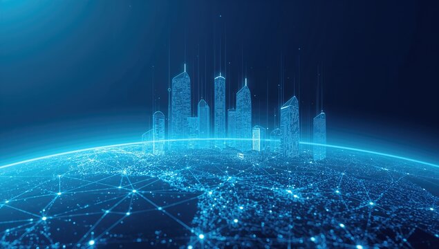 Futuristic urban design with a deep blue backdrop, emphasizing the efficiency of wireless communication technology