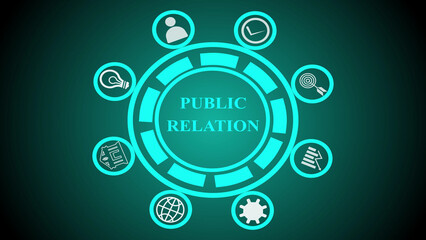 A glowing public relation concept with icons representing different aspects of communication and strategy