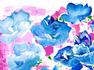 Abstract blue flowers, original hand drawn, impressionism style, color texture, brush strokes of paint, art background.