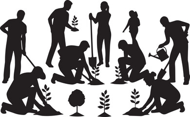Diverse people silhouettes planting trees together for international volunteer day celebration