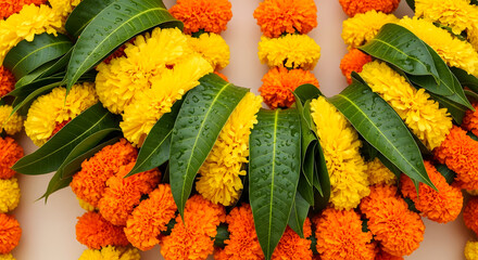 Festival Garland Composition of Marigold Flowers and Mango Leaves Ornament, Diwali Celebration Decorative