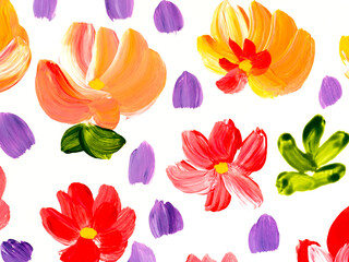 Abstract red and yellow flowers, original hand drawn, impressionism style, color texture, brush strokes of paint, art background.
