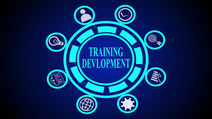 A glowing blue graphic with training development text and icons surrounding it on a dark background