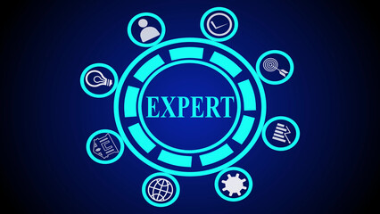 A blue graphic with the word expert in the center surrounded by icons representing skills and knowledge